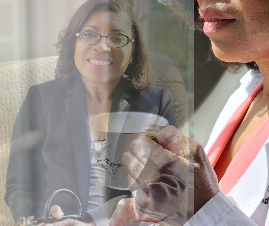 Woman physician with tea cup and another woman phyiscian in a suit